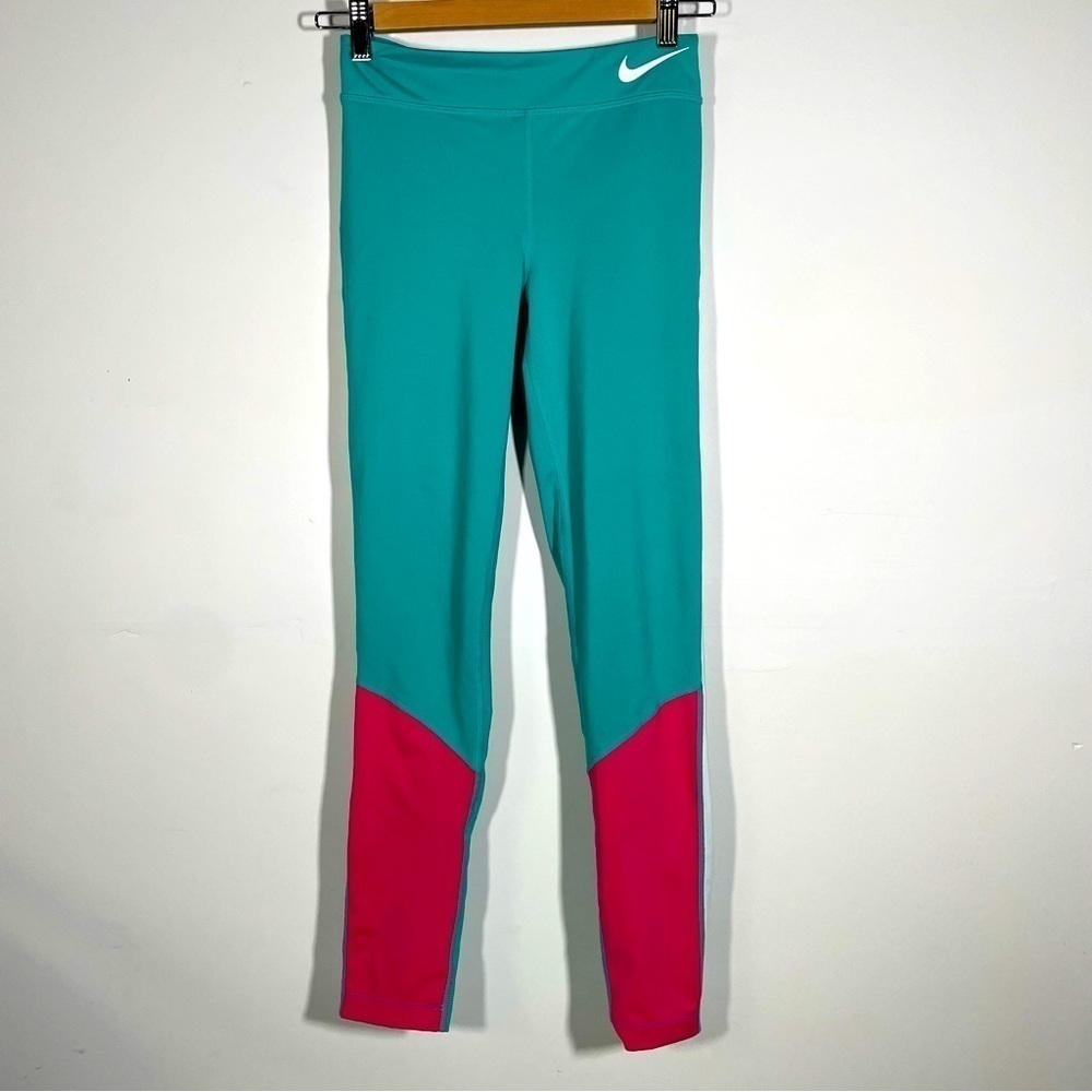 Nike Kids Leggings Girl’s Workout Tights Color Block Teal Pink Athletic Pants XL - Picture 1 of 6